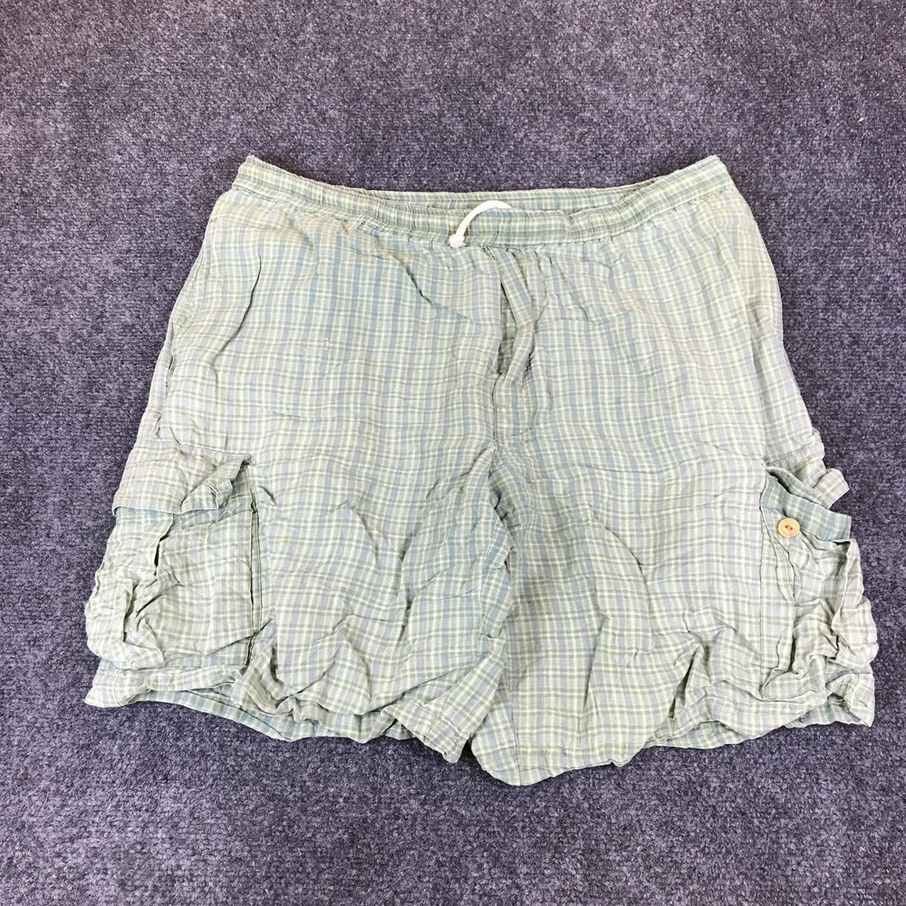 Bugle Boy Cargo Shorts Mens M Green Plaid Good Ramie Drawstring Elastic Waist